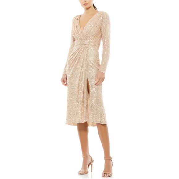 MAC DUGGAL Mid Dress Womens Sequin Long Sleeve V-Neck Faux Wrap Bodice Rose Gold